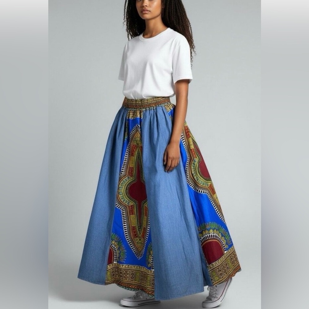 Handmade Dashiki & Denim Paneled Maxi Skirt - OS